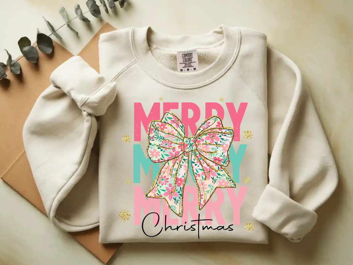 Pastel floral Merry Christmas with bow