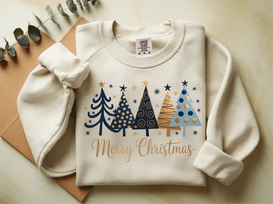 Blue and Gold Merry Christmas with trees